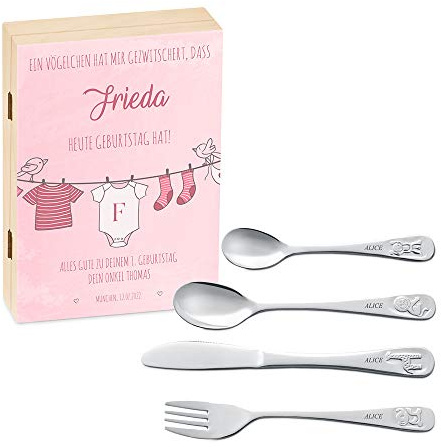 Maverton Kinderbesteck Set mit Gravur + Holzbox mit Aufdruck - mit Tieren - aus Edelstahl - Braun - Geschenk für Mädchen zum Geburtstag zur Taufe Geburt - Vögelchen