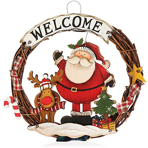 COM-FOUR® Corona de Navidad Trenzada - Corona de Puerta Welcome para Colgar - Decoración navideña - Aprox. Ø 25cm (Papá Noel-M)