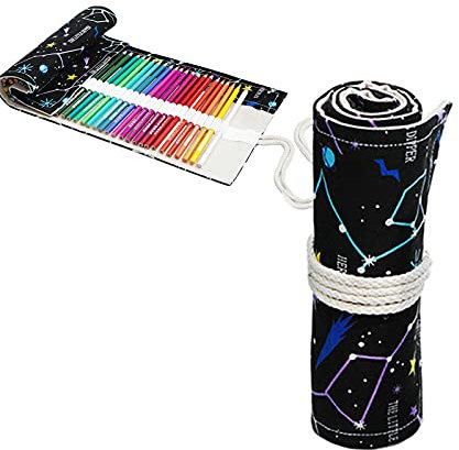 Schutzhülle zum Aufrollen des Bleistifts aus Leinwand,Federmäppchen 24/36/48/72 Löcher für Buntstifte,Federmäppchen aus Stoff zum Skizzieren,Zeichnen,Schreiben, Nachthimmel,36 fori