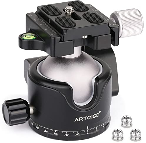 46 mm flacher Stativkopf mit 3 Schraubenadaptern, 3/8 auf 1/4 Zoll, professionelles Aluminium, um 360 Grad drehbarer Panorama-Kugelkopf, maximale Belastung 20 kg