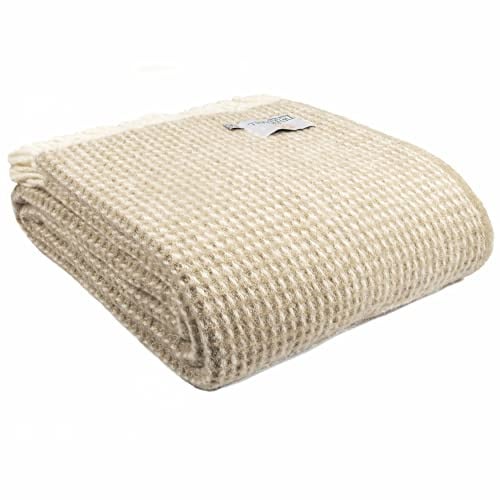 Tweedmill Textiles Überwurf, extra groß, 100 % reine Schurwolle, Waffelmuster, Kingsize, Haferbeige und cremefarben