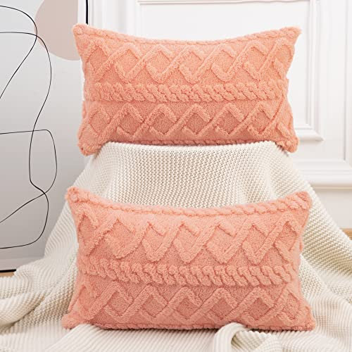 Madizz Juego de 2 Fundas de Almohada de Lana Corta Peluda de Felpa Suave Fundas de Cojines Estampados Funda de Almohada Decorativa para sofá Dormitorio Naranja Rectangular 30 x 50 cm