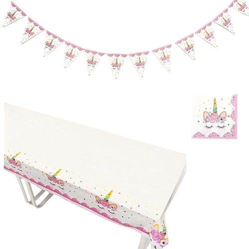CHUANGOU Ensemble de Vaisselle Licorne Décoration de Fête Serviettes, Nappe, Fanion