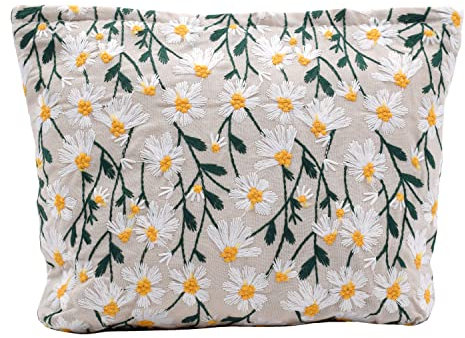 Trousse de Maquillage pour Femme Organiseur avec Fermeture éclair Trousse de Toilette de Voyage Broderie Pâquerette Marguerite Blanche