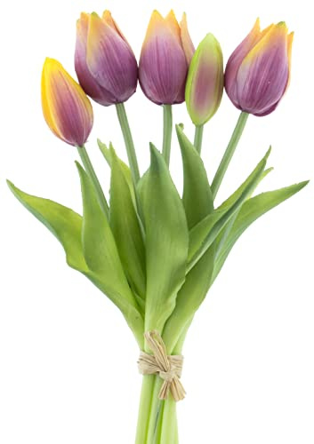 mucplants künstliche Tulpen ca. 26cm Tulpenbündel mit 3 Tulpen und 2 Tulpenknospen real Touch (Gelb/Mauve)