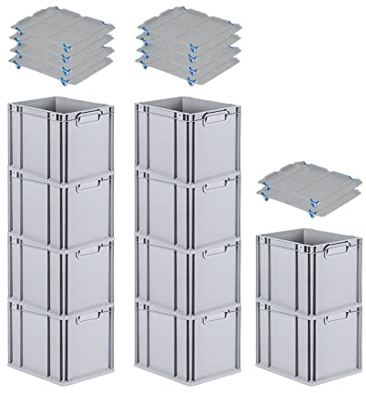 PROREGAL SparSet 10x Eurobox NextGen Grip mit Auflagedeckel & 4 blauen Schiebeschnappverschlüssen, HxBxT 32x30x40cm, 30 L, Grau, Griffe geschlossen, Eurobehälter, Transportbox