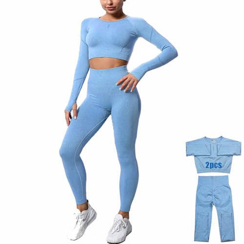 DONYKARRY Damen 2-teiliges Nahtloses Trainingsanzug Yoga Outfit Jogginganzug Set Freizeitanzug(2 Pcs-Blau,L)