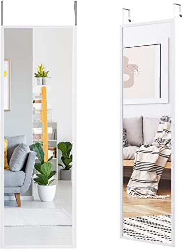HOMASIS Espejo para Colgar de Pared o en la Puerta, Espejo de Pared de Forma Completa, Espejo Rectangular con Borde Blanco, Espejo de Dormitorio con 2 Ganchos extraíbles, 36,5 x 107,4 cm (Blanco)