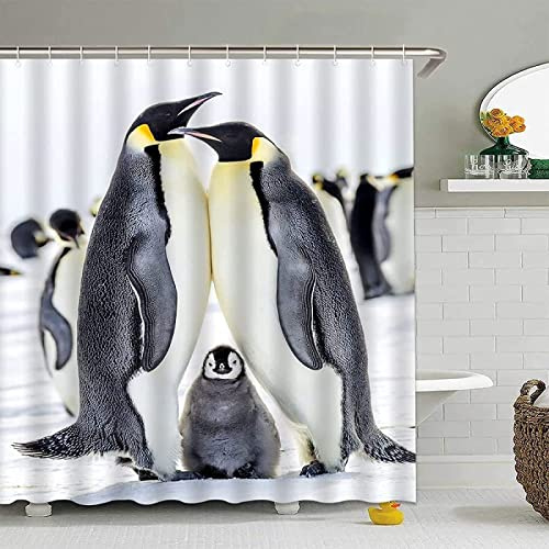 VEERAL Süßer Pinguin Duschvorhang 120 x 200 cm, 3D Pinguin-Tier Duschvorhang Anti-Schimmel Textil, Shower Curtains Polyester Stoff Wasserdicht Duschvorhänge für Badezimmer, Bad Vorhang mit 8 Haken