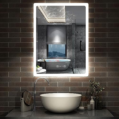 Aica Sanitär LED Badspiegel 60×80cm mit Uhr 3 Lichfarbe dimmbar Memory Wand/Touchschalter Anti-Beschlag Spiegel mit Beleuchtung energiesrarend