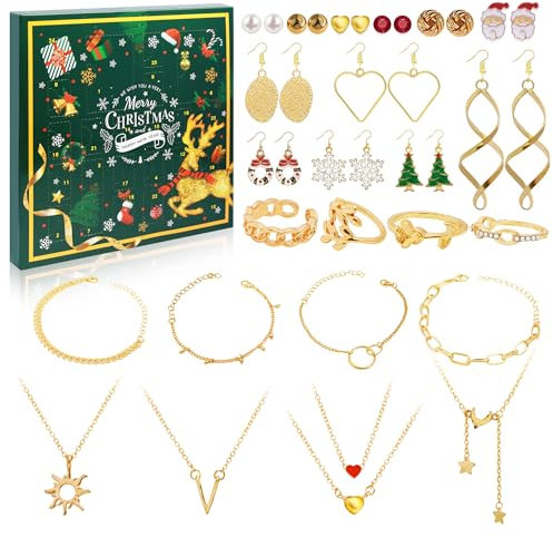 HCSSZ Calendrier de l'Avent Bijoux,Calendriers de l'Avent 2023 Femme,24 Surprises Bijoux Femme Bracelet Boucles d'Oreilles Collier Anneau,Épouse Mère Petite amie Fille Cadeau Compte à Rebours Noel