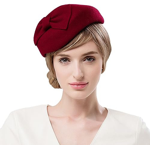 Fascinator / Fascinator / Fascinator, französischer Stil, Wollfilz, für Cocktailpartys, Hochzeiten, Kirchen, Fedora, Weinrot, Medium