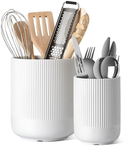 LE TAUCI Utensil Holder, 18.5+14cm Ceramic Kitchen Utensils Holder, Large Cooking Utensil Pots for Kitchen Counter, Morden Utensil Organizer for Spatula, Set of 2, White