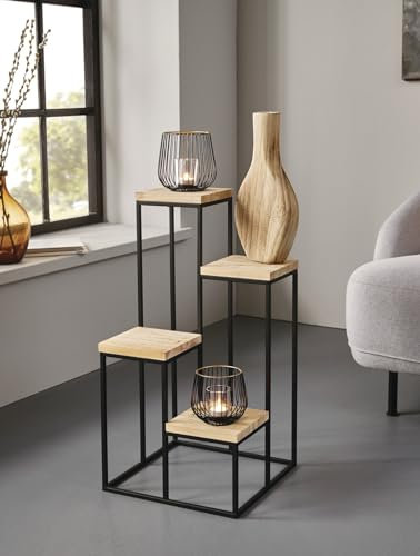 Stufenregal Schlicht aus Metall & Holz, 4 Ebenen, Blumenregal, Pflanzenständer, Dekoregal
