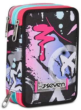 Seven Federmäppchen, Federtasche für Schreibwaren, Etui komplett mit Bleistiften, Filzstiften, Schulmaterial, mit 3 Fächern, Mädchen, Schule - Grundschule, XXL