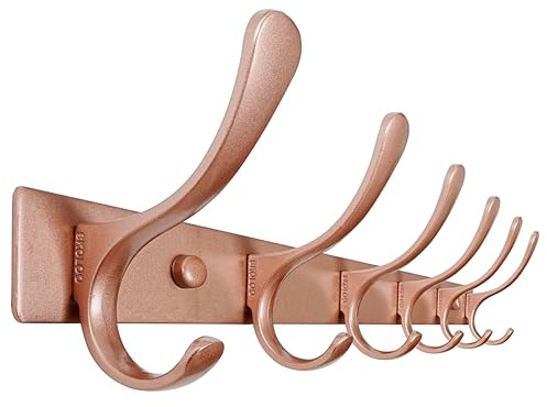 SKOLOO Coat Rack Wall Mounted - 6 Hooks, Heavy Duty, Stainless Steel, Metal Wall Coat Hanger, Sturdy Wall Hooks for Hanging Coat, Jacket, Clothes, Hat, Matte Rose Gold
