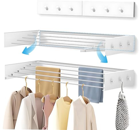 Roadtime Wäscheständer Wand mit 6 Knaufhaken, 80cm Faltbares Ausziehbar Wäschetrockner mit 5 Edelstahl Trocknungsstäben, 25kg Kapazität für den Innen- und Außeneinsatz