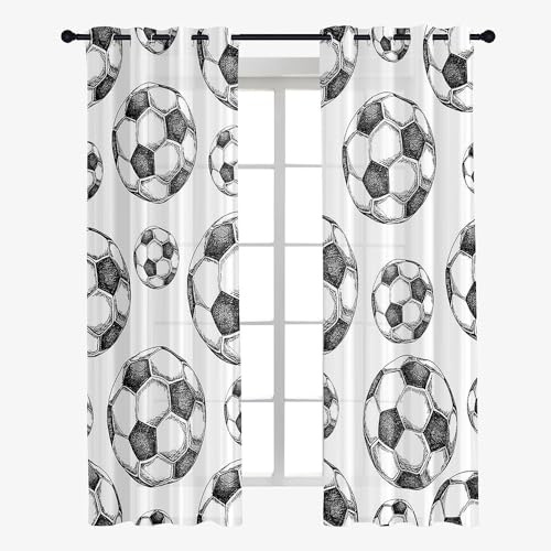 Hixingo Sheer Voile Gardinen Fußball-Druck Vorhänge, 2er Set Vorhang mit Ösen, Mode Halbtransparent Scheibengardinen Wohnzimmer Küchen (80x115cm,Fußball 1)