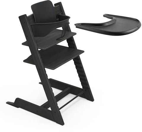 Stokke Tripp Trapp Eiche Hochstuhl (Black) mit Stokke Tray (Black) - Beinhaltet Tripp Trapp Stuhl, Baby Set 2 und Stokke Tray - Verstellbar, ergonomisch und leicht zu reinigen