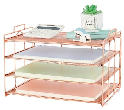 Spacrea Desk Organizers and Accessories - 4 Tier Letter Tray Paper Organizer with Handle, Desk Organization and Office Desk Accessories for Office Supplies(Rose Gold)