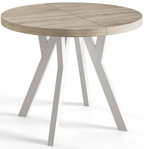 AlpiMeble Esstisch Ausziehbar OVO, 110-210cm, Stabile Beine, Sonoma | Runder Tish, Moderner Design, Wohnzimmertisch und Küchentisch, Stabile Konstruktion, Weiße Beine