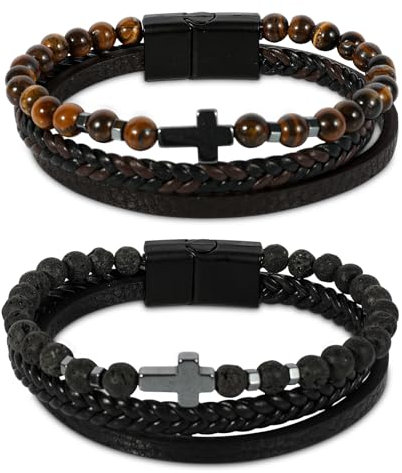LHOEST 2 Stück Armband Herren Männer Damen Lederarmband, Geflochten Echtleder Armbänder für Geschenke Mens Jewellery Schmuck, Edelstahl Kreuz Naturstein Bracelet Leder Men mit Magnet Verschluss