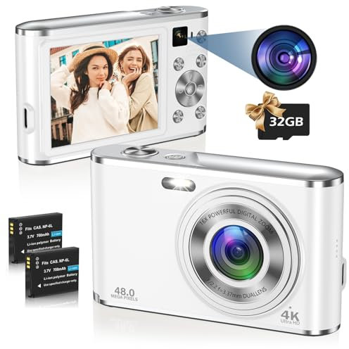 Digitalkamera, AutoFocus 4K Fotoapparat Digitalkamera mit Dual-Kamera mit 32GB Speicherkarte HD 48MP 16X Digitalzoom 2,8 großem Bildschirm Kompaktkamera Fotokamera für Einsteiger(Weiß)