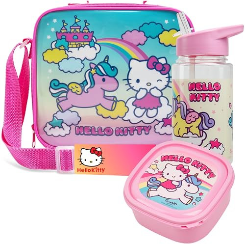 Get Trend Hello Kitty Set Repas Enfant 3 Pièces Sac Isotherme avec Sangle Boîte à Goûter et Gourde 400ml Sans BPA École Pique nique (Hello Kitty)