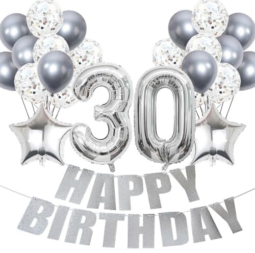 Conruich Luftballons 30. Geburtstag Dekoration, Silber Ballons Happy 30th Birthday DekoDeko 30 Jahre Frau, Folienballon Zahl 30 Silber, Deko 30. Geburtstag Frau, Geburtstagsdeko 30 Jahre Frauen Männer