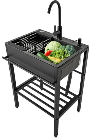 Lavandino da Esterno,Lavabo Cucina 1 Vasca,Lavello Acciaio Inox Professionale,Lavandino Commerciale Autoportante con Rubinetto,per Interno e Esterno,Ristorante,Bar,Caffè,Garage,Lavatoio(60x45x86cm/23.