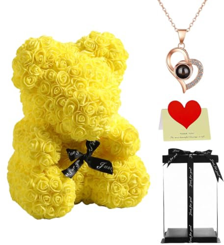 16 Inch Large Rose Teddy Bear with Gift Box, Forever Flowers Bear for Anniversary, Mother's Day, Wedding, Birthday, Romantic Gift for Her (Yellow)