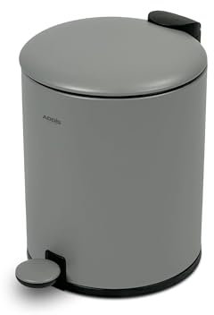 Addis 5L Bathroom Bin – Soft Close Pedal Bin, Stylish & Compact Metal Waste Bin for Bathroom & Kitchen – Durable & Hygienic with Removable Inner Bucket, Grey