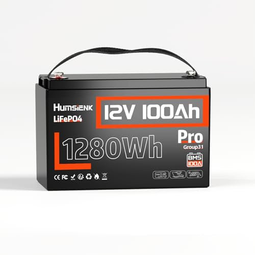 Humsienk 12V 100Ah LiFePO4 Batterie lithium BCI Groupe 31 avec BMS 100A, jusqu'à 15000 cycles profonds, idéale pour les camping-cars, les bateaux et le stockage d'énergie domestique