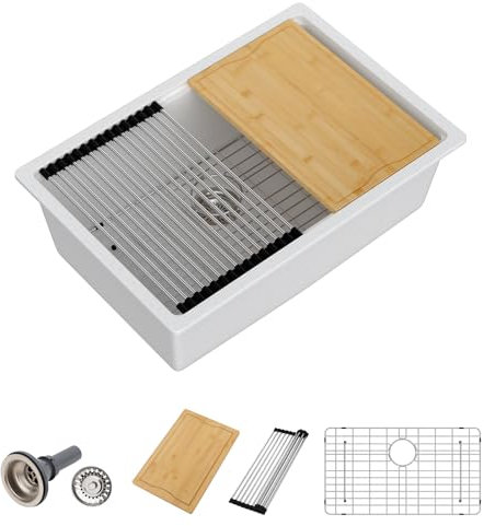 DEJIKOKU Fregadero de Cocina bajo encimera Blanco de 28 Pulgadas, Fregadero de Cocina Moderno de un Solo tazón, Compuesto de Granito, n.° DC-GU0003WS