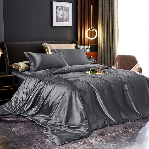 Covebett Satin Bettwäsche 140x200 Grau Dunkelgrau Glatt Luxus Seide Aesthetic Seidenbettwäsche Set Einfarbig Glänzend Glanzsatin Microfaser Sommer Bettbezug und Kissenbezug 70x90 cm Reißverschluss