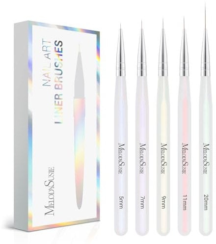 MelodySusie 5Pcs Nail Art Liner Brushes Professional Gel Polish Painting Art Design Pen Set for Thin Long Lines, Tiny Details, Fine Drawing, Delicate Coloring Sizes 5/7/9/11/20mm
