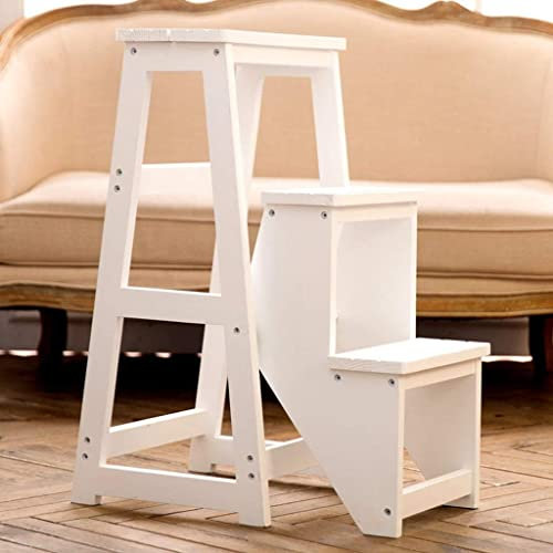 Escalera plegable de madera maciza con estante de almacenamiento y soporte para flores, taburete multifuncional para uso en interiores, escalada en casa y solución de almacenamiento que ahorra espacio