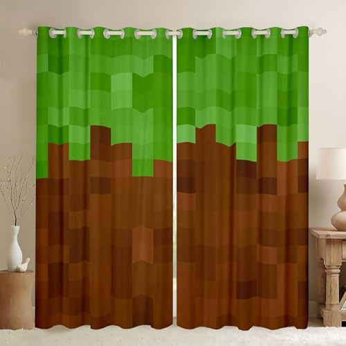 Homemissing Pixel Spiel Vorhänge 175x140cm Grün Braun Camo Blickdichte Vorhänge für Kinder Cartoon Dekor Fenstervorhang leichte Mikrofaser Schlafzimmer Dekor