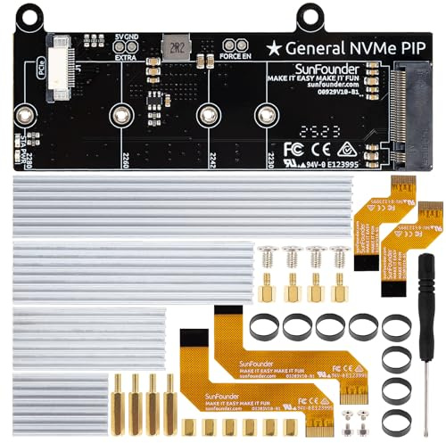 SunFounder PCIe-zu-M.2-HAT M-Key NVMe-SSD-PIP-PCIe-2/3-Board für Raspberry Pi 5 2/4/8/16 GB, unterstützt M.2-2230/2242/2260/2280-SSDs, mit Kühlkörper, kompatibel mit 3,5/5/7/10-Zoll-Touchscreen