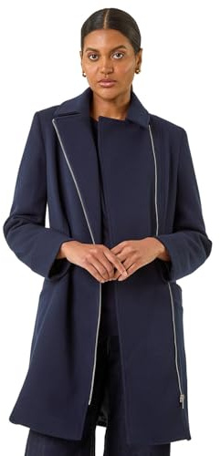 Roman Originals Longline Biker Coat for Women UK - Ladies Everyday Autumn Winter Collar & Revere Comfy Soft Evening Vacation Work Party Night Out - Navy - Size 20