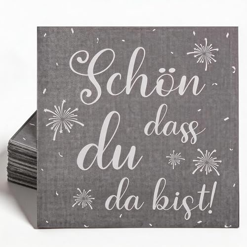 100 Servietten Schön Dass Du Da Bist - 33x33 cm Servietten Geburtstag Mann, Servietten mit Spruch für Hochzeit, Geburtstage, Feste, Jubiläum und Party, Grau