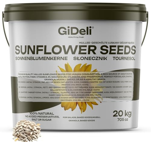 GiDeli Sonnenblumenkerne geschält 20 kg im Eimer - Roh und Ungesalzen - Gesunder Snack für Menschen - Ideal zum Essen, Backen und Kochen