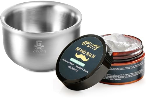 GRUTTI Crème à raser pour hommes et bol à raser en acier inoxydable, bol en mousse à grande ouverture de 11,5 cm + crème à raser 100g, kit de rasage humide avancé pour les soins de la barbe masculine