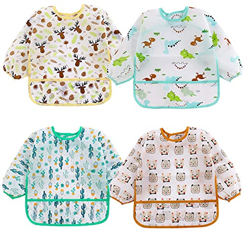 ElecMotive 4 Pack Bavoir à Manches Longue pour Bébé alimentation Imperméable à l'eau Blouse Tablier 9 mois à 3 ans