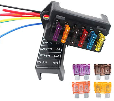 Gebildet 6-Fach Sicherungshalter, KFZ Standard Bsicherungsdose (Für 1~40AMP), mit 10Frei Sicherung (3A/5A/7.5A/10A/15A/20A/25A/30A/35A/40A), 2Eingängen 6-Ouput Draht