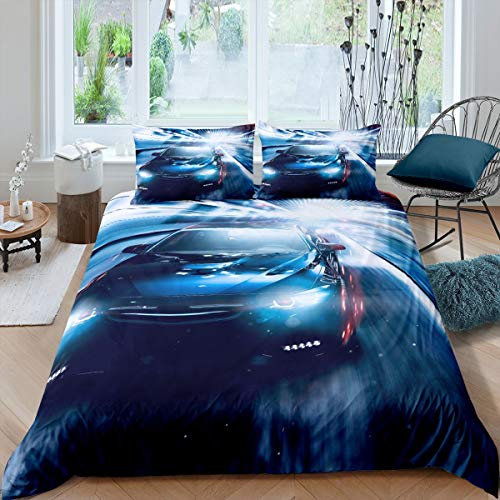 Greneric Kids Racing Car Trösterbezug 135X200 Speed Sportwagen Bettwäsche Set Coole Auto Bettbezug für Jungen Mädchen Teens Racer Extremsport Tagesdecke Bezug für Wohnzimmer, blau