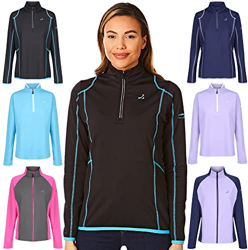 Under Par UPLMID1746 Womens Zip Neck Sweater Jumper Breathable Moisture Wicking Ladies Golf Mid Layer Top, Uplmid1746 - Black/Summer Blue, 14 UK