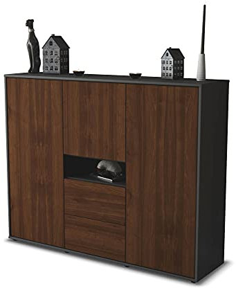 Stil.Zeit Highboard Kommode Olivia, Korpus anthrazit matt, Front Holz-Design Walnuss (136x108x35cm), Push-to-Open Technik & Leichtlaufschienen