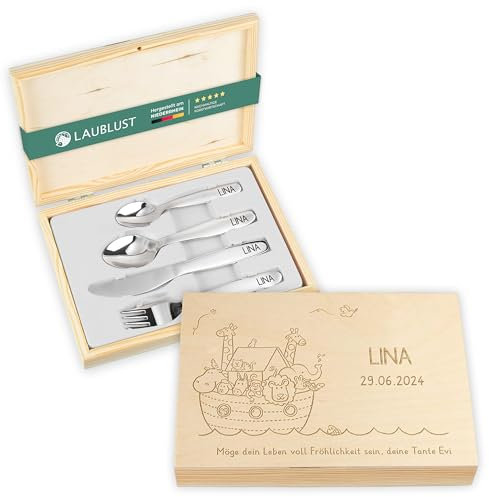 LAUBLUST Kinderbesteck mit Namensgravur - Arche Noah Gravur & Geschenkbox natur | Besteck mit Namen - Geschenk zur Taufe für Kinder - Taufgeschenke für Jungen, Mädchen | Personalisierte Erinnerungsbox