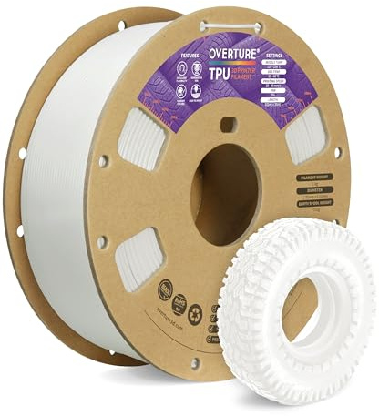 OVERTURE Flexible TPU 95A 3D Printer Filament 1.75mm, 1kg White | Soft & High Elasticity & Durability, Excellent Layer Adhesion, Accuracy +/- 0.02mm, Fits Most FDM (White)